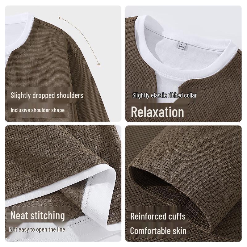 JEANSWEST LIFE Men's Waffle Faux Two-Piece Long Sleeve T-Shirt