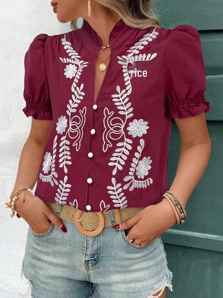 

Spring/Summer Women s Puff Sleeve Cotton Embroidered Button Cardigan Top L вина червоного кольору