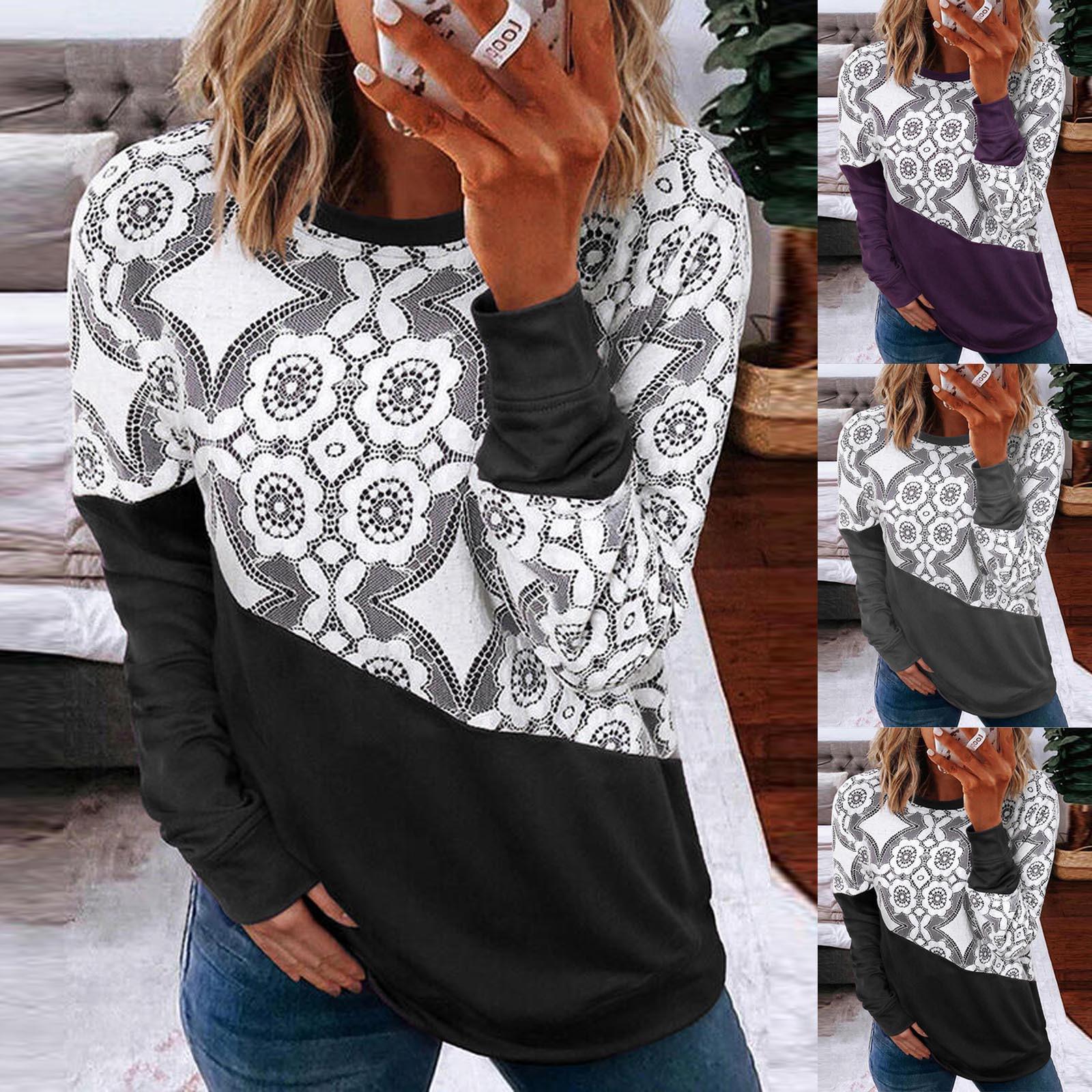 

Women s Fashion Casual Long Sleeve Lace Pachwork Sweatshirt Tops T-shirt