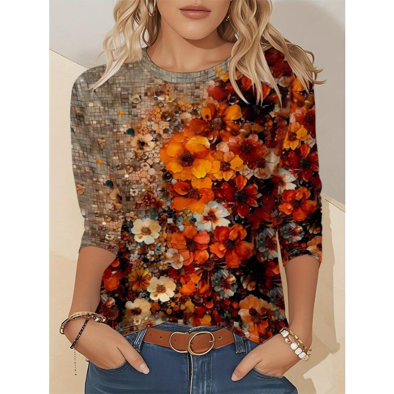 Artistic Landscape Painting Pattern, Slim Fit, Casual Round Neck, Long Sleeves, Everyday Creative Oil Painting Design Pattern.