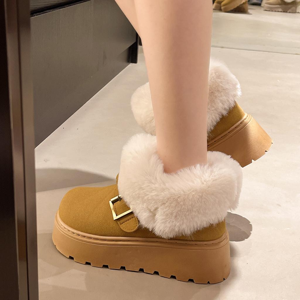 Large size snow boots versatile thick-soled splicing fluff heightening snow boots women's autumn and winter velvet cotton shoes