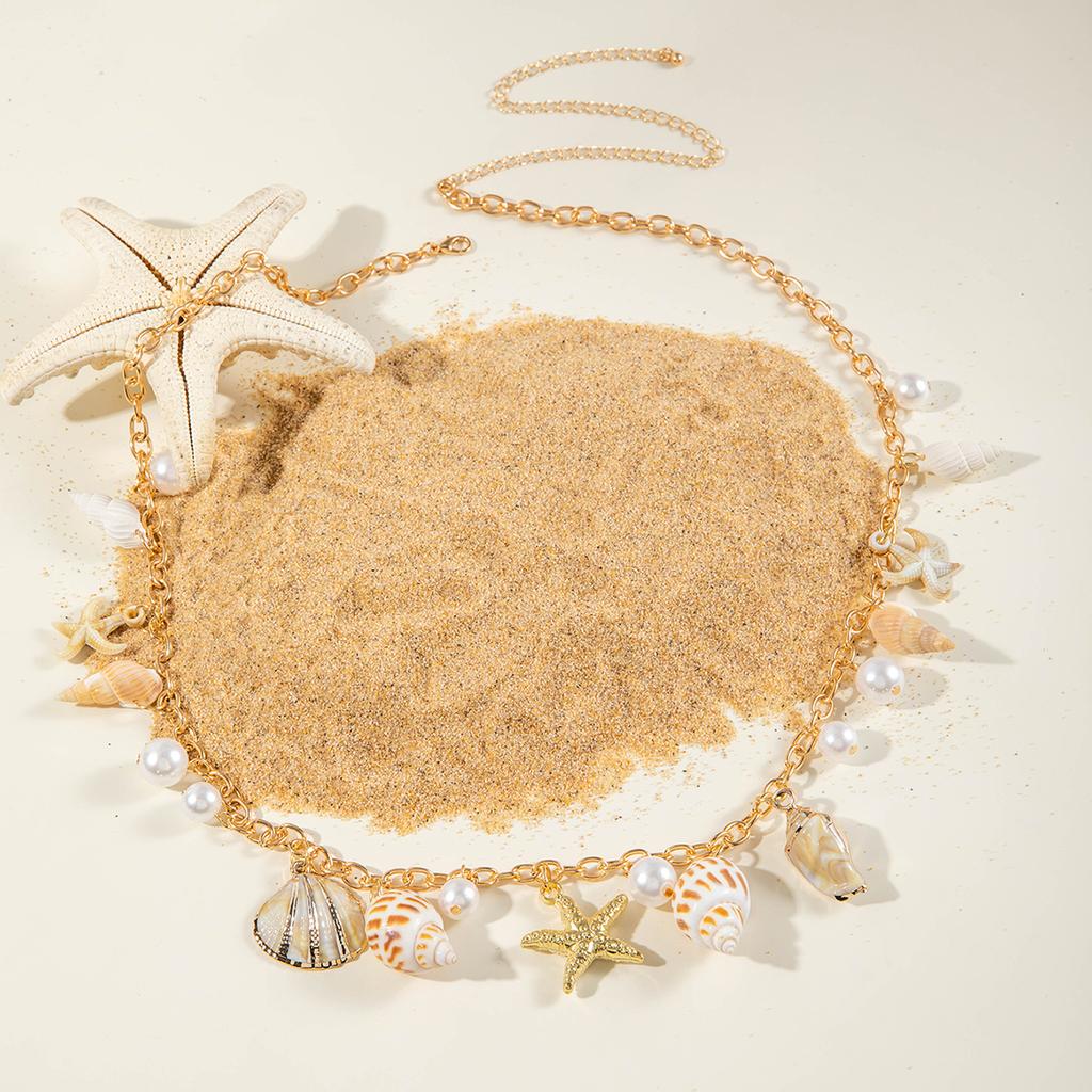 Docona Bohemian Sea Star Conch Waist Chain Women Summer Beach Party Shell Imitation Pearl Body Chain Holiday Accessories