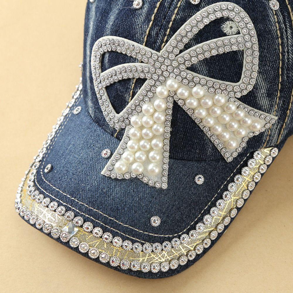 Fashion Adjustable Denim Baseball Cap Bow With Pearl Embellished Hip Hop Hat Versatile Sun Protection Peaked Cap Outdoor