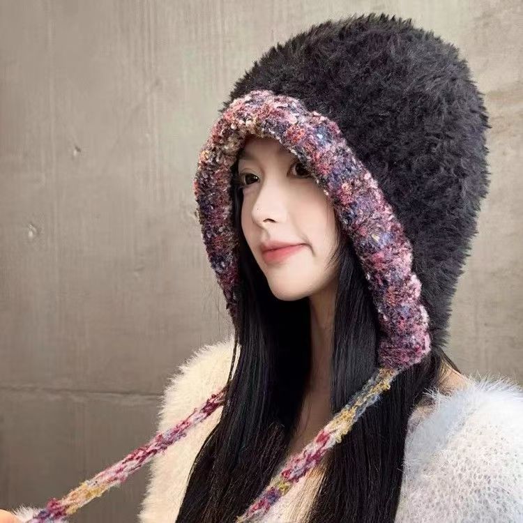 Handmade Big Head Circumference Plush Knitted Hat Showing Face Small Hat Female Korean Version Wool Hat Thermal Ear Protection Hat 
