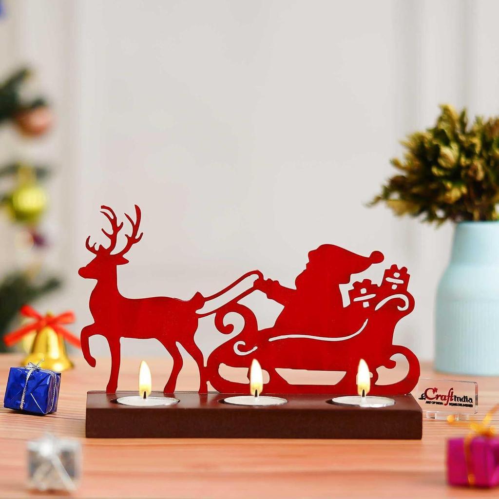 Santa Clause with Reindeer Sleigh Showpiece Decorative Tea Light Candle Holders(Wooden, Red)| Christmas Decoration Items
