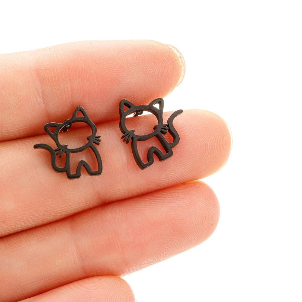 

Punk Style Cartoon Hollow Out Ear Studs Stainless Steel Small Jewelry Cat Earrings Students Gifts чорний