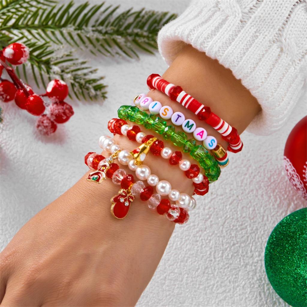 Christmas Snowflake Candy Snowman Reindeer Santa Claus Bell Soft Clay Crystal Rice Bead Multi-Layer Bracelet For Women Men Gift