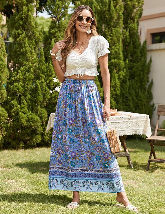 Women's 2025 Bohemian Floral Print Pleated Maxi Dress with Elastic High Waist