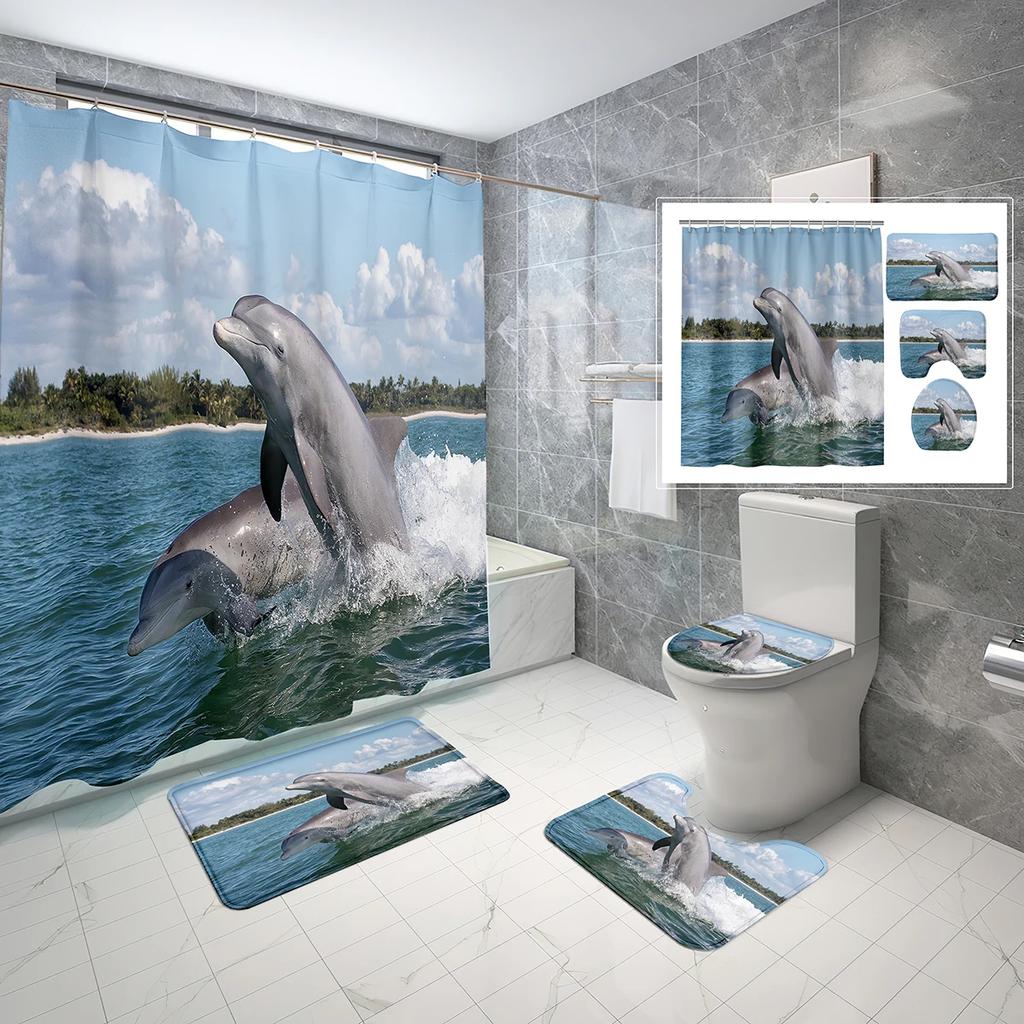 4 Sets Dolphin Shower Curtain Sets With Non-Slip Bath Mat,Toilet Lid Cover And Ocean Animals Blue Sea World Shower Curtain Set
