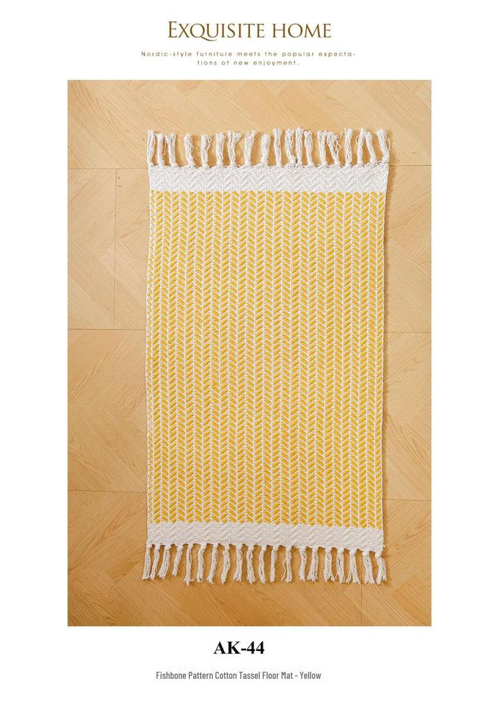 Handwoven Cotton Fishbone Pattern Floor Mat, Machine Washable, Long Strip Design for Bedside or Cloakroom