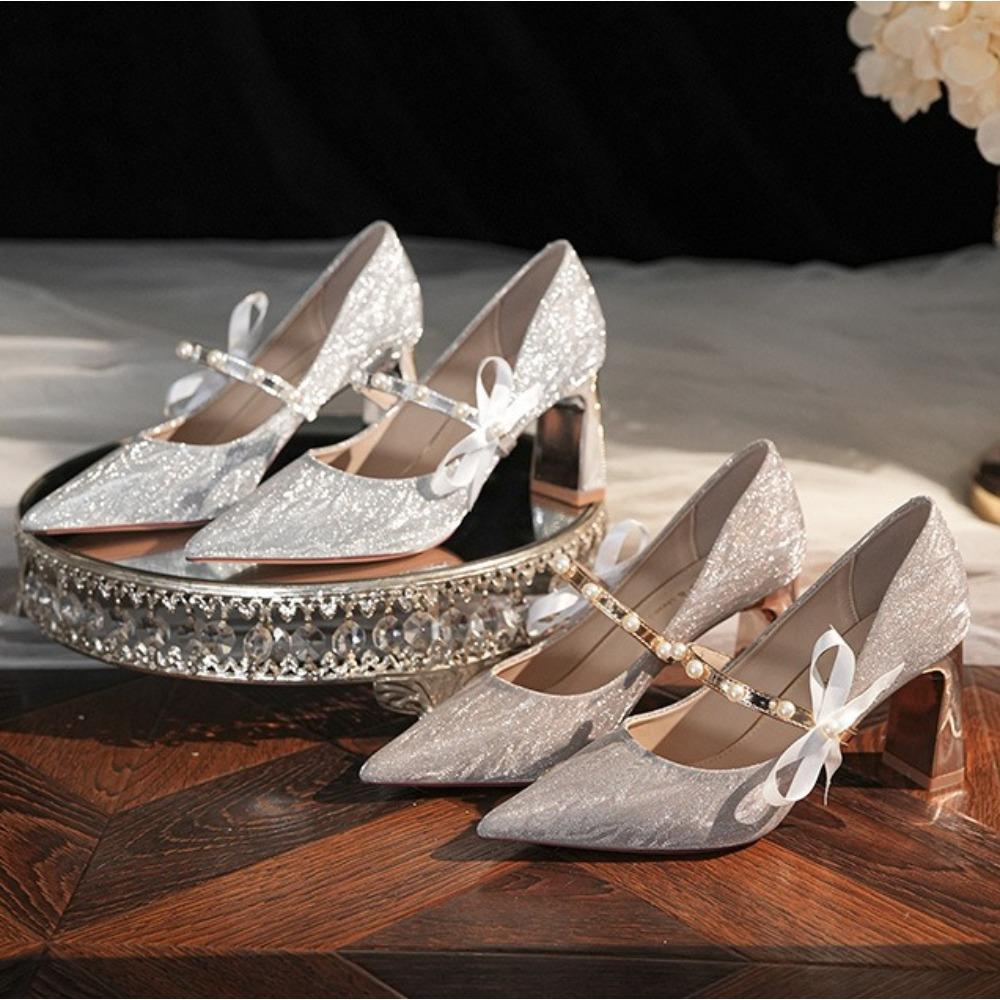 Fashion High Heeled for Women 2025 Spring with Pointed and Thick Heels Women's Shoes with Pearls A Straight Ribbon Perfect for Weddings