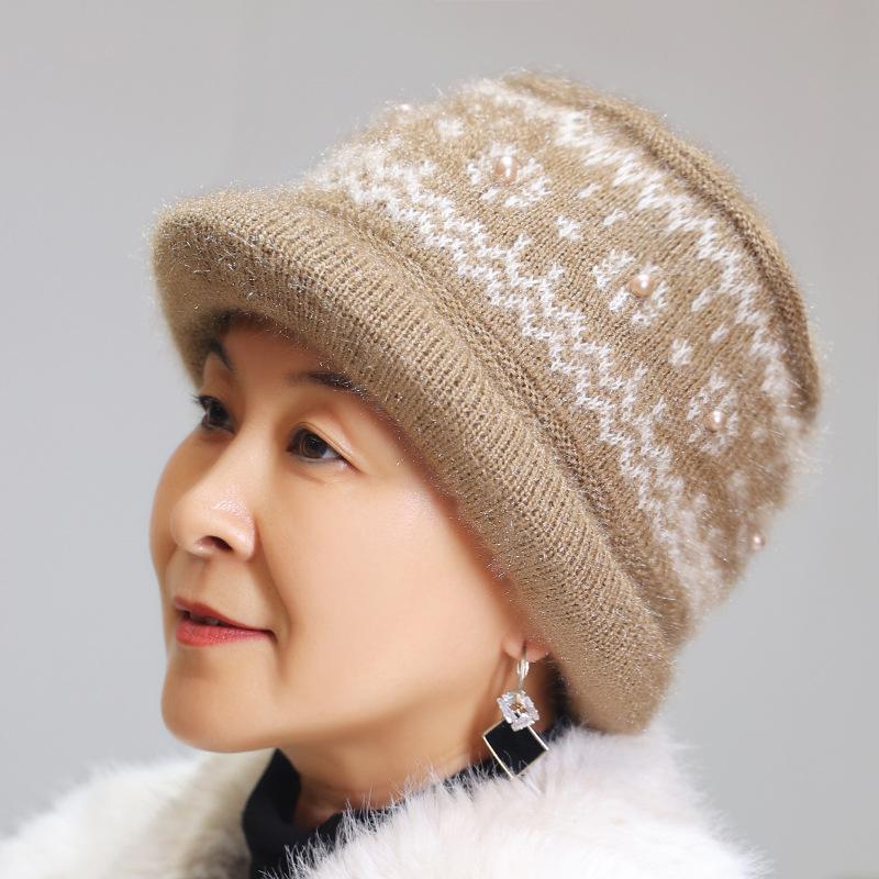Winter new middle-aged and elderly hats women's knitted ear protectors handmade wool hats, plush warm mother cold-proof hats