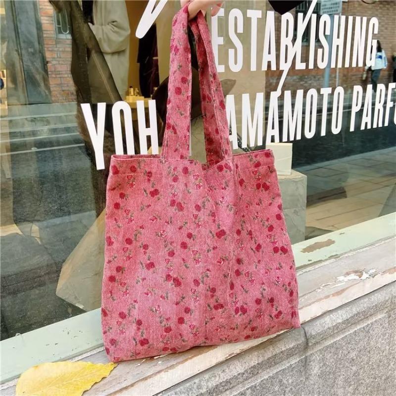 3 Pink Rose Literary Retro Shoulder Bag Women's Simple Corduroy Student Cloth Bag Large Capacity Tote Bag