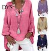 Breathable Cotton Linen Top Women Shirt V-Neck Long Sleeve Mid-length Casual Tops Solid Color Loose Fit Tee Daily Wear Fitting Blouse