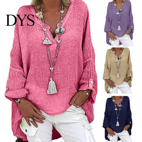 Breathable Cotton Linen Top Women Shirt V-Neck Long Sleeve Mid-length Casual Tops Solid Color Loose Fit Tee Daily Wear Fitting Blouse