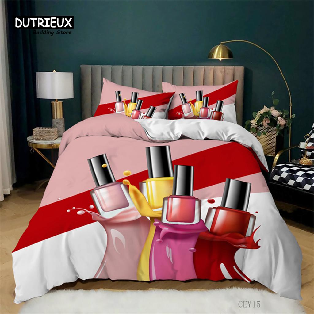 Fashion Sleep Bedding Collection Makeup Cosmetic Theme Bedspread Cover Polyester Perfume Lipstick Nail Polish Brush Print Pattern Quilt Cover King
