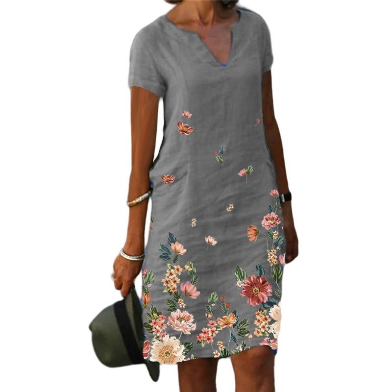 Fashion Summer Short Sleeve Printed V-Neck Dress Elegant Loose Casual Simple A-line Party Dresses Plus Size Holiday Ofice Ladies Clothing