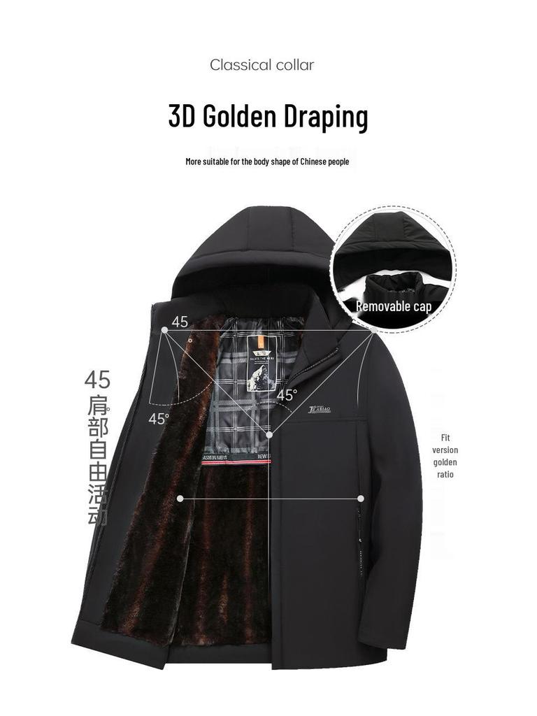 Men's Winter Cotton Jacket with Detachable Hood, Cold-proof and Warm Outerwear for Middle-aged and Elderly, Plus Velvet Lining.