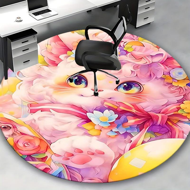 1pc Anime Design Flower Cat Round Carpet Office Chair Mat, Non Slip Rug for Home Decor, Living Room, Bedroom, Game Room, Festival Gift