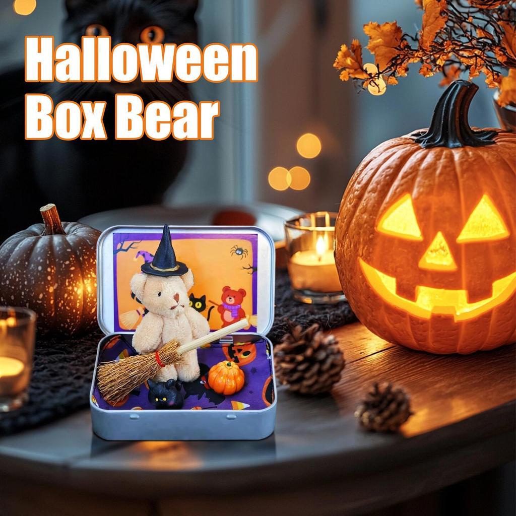 Halloween Bear Box Cute Halloween Bear Gift Box Mini Plush Witch Bear Halloween Toy Party Decoration Gift Desktop Decor