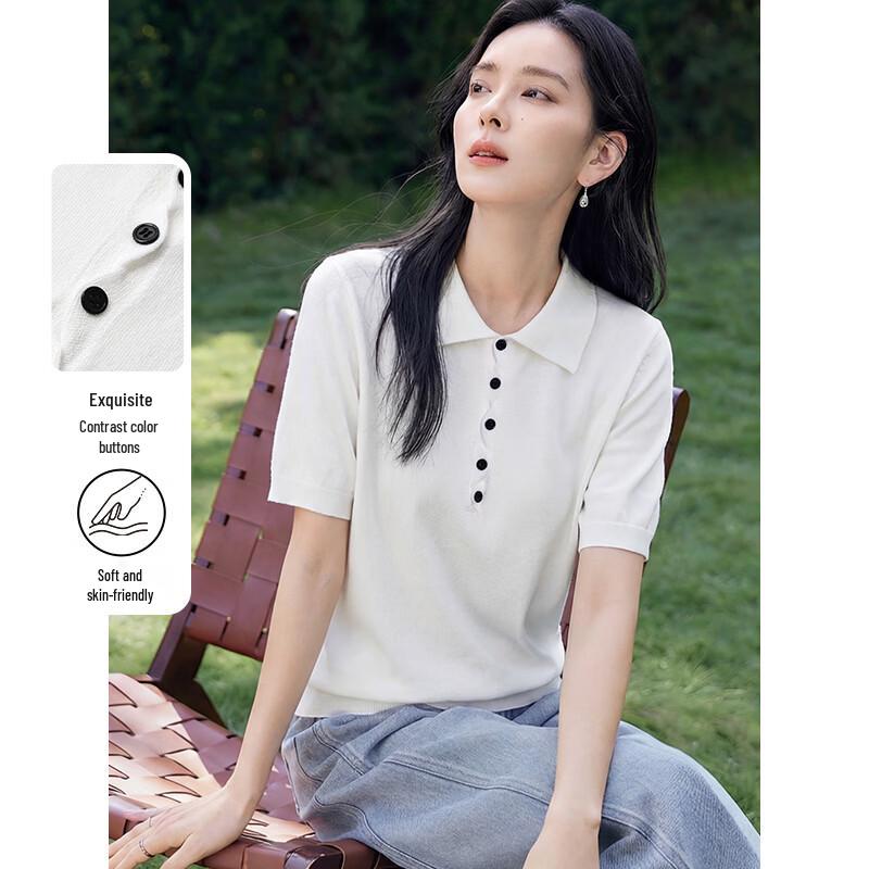 Chushen Women s Polo Neck Knit Short Sleeve Top M