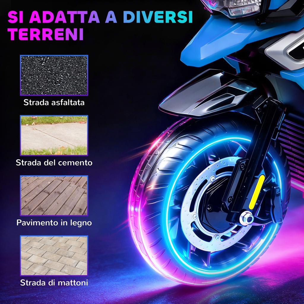 Moto Elettrica per Bambini con Rotelle, Specchietti e Poggiapiedi, in PP e Metallo, 85,5x44,5x56 cm, Blu