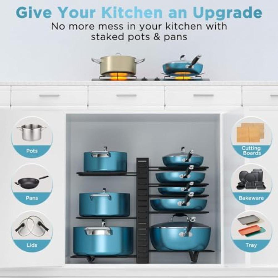 Pots and Pans Organizer for Cabinet 16.61 Height 8 Tier Pot Organizers Rack with 3 DIY Methods Adjustable Pan Organizer under C