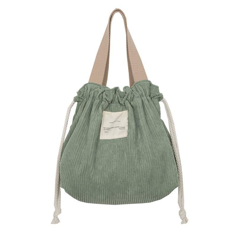 Versatile And Chic Drawstring Corduroy Lunch Tote Bag For Everyday Use In Green