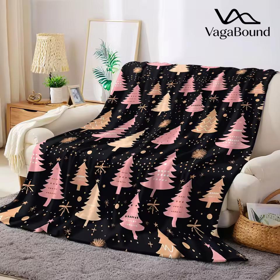 Pink Gold Christmas Tree Flannel Blanket Warm Soft Halloween Christmas Decorative Couch Warm Cozy All-Season Gift