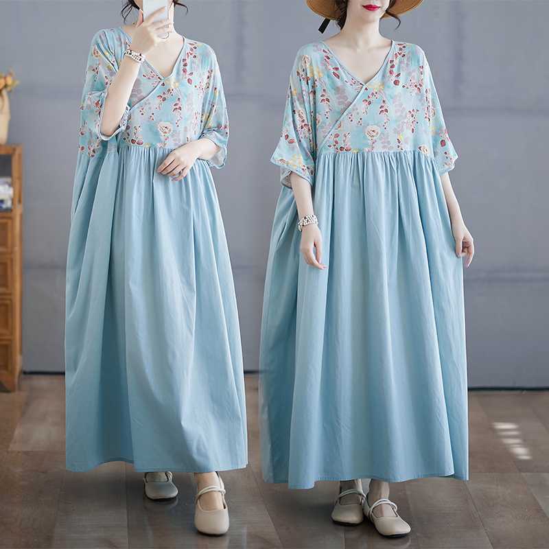 

Cotton and Linen Summer Patchwork Retro Style Dress Long Skirt One size
