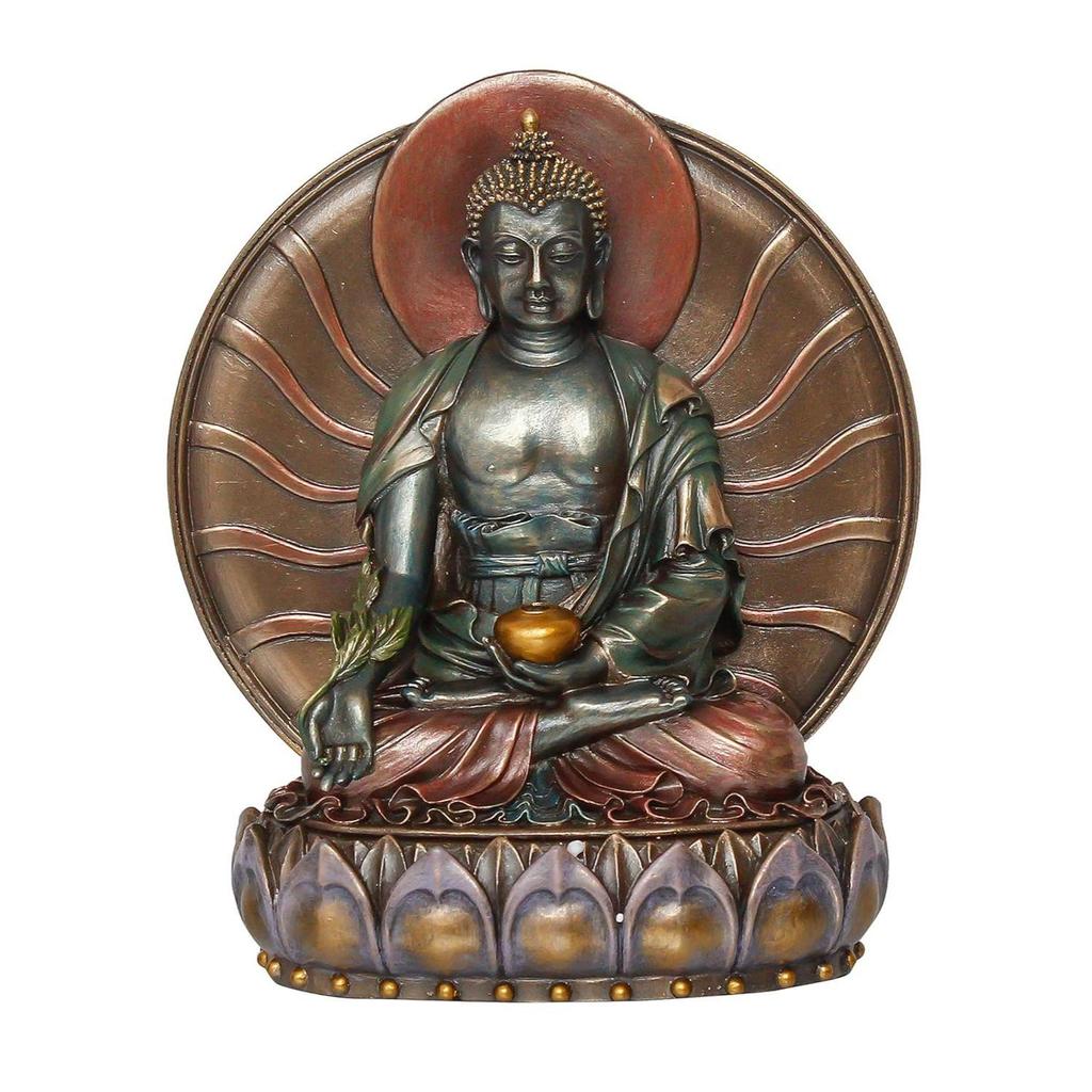 Handcrafted Polyresin Bronze Finish Meditating Lord Buddha Statue Siting On Lotus Flower Decorative God Idol for Office, Home Decor, Spiritual Spaces