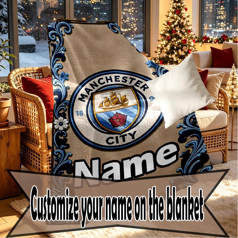 Custom Name Personalized Manchester City FC Print Blankets, Home Decor, Bedroom, Sofa, Camping, Couch, Gifts for Birthday Christmas