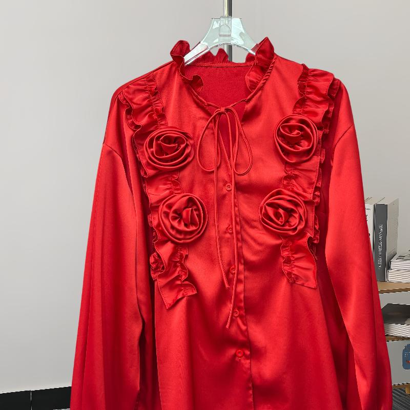 Fashion New Long Sleeve Loose Casual Shirt Women Elegant Solid Single Breasted Flowers Blouse Women Top Vintage Polo Collar Office Ladies Shirts 25807