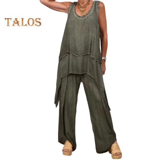 Two Piece Outfits for Women Casual Sleeveless Irregular Top Wide Leg Pants Set Loose Lounge Suit for Summer