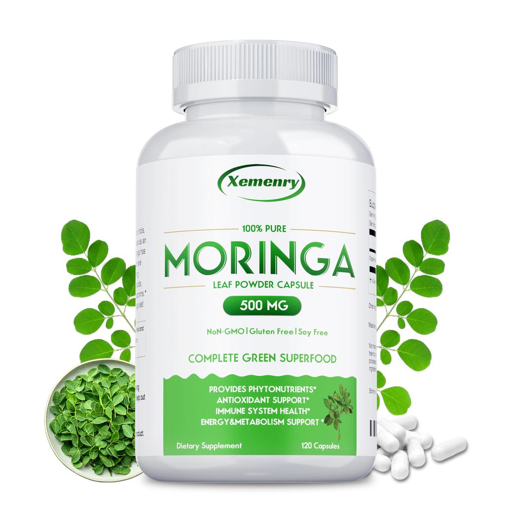 Xemenry Moringa Powder Capsules support energy, skin, and gut health. Suitable for adults, vegan.