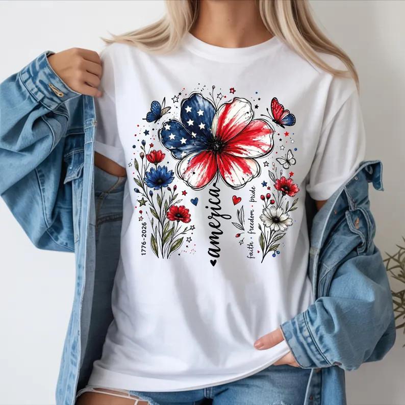 Patriotic Wildflower Shirt America 250 Floral Flag Celebration Unisex T-Shirt S