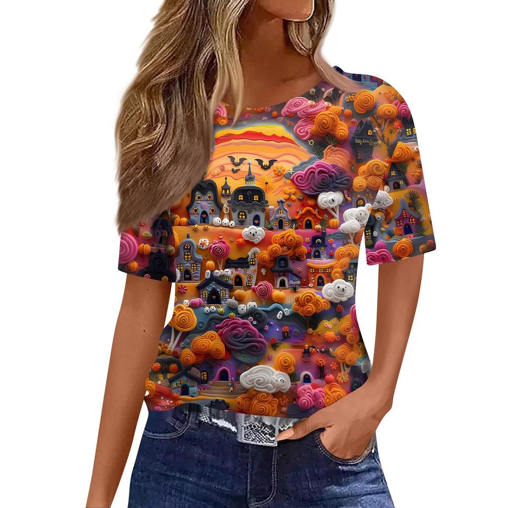 Women's Fashionable Casual Short Sleeve Halloween Print Round Neck Pullover Top