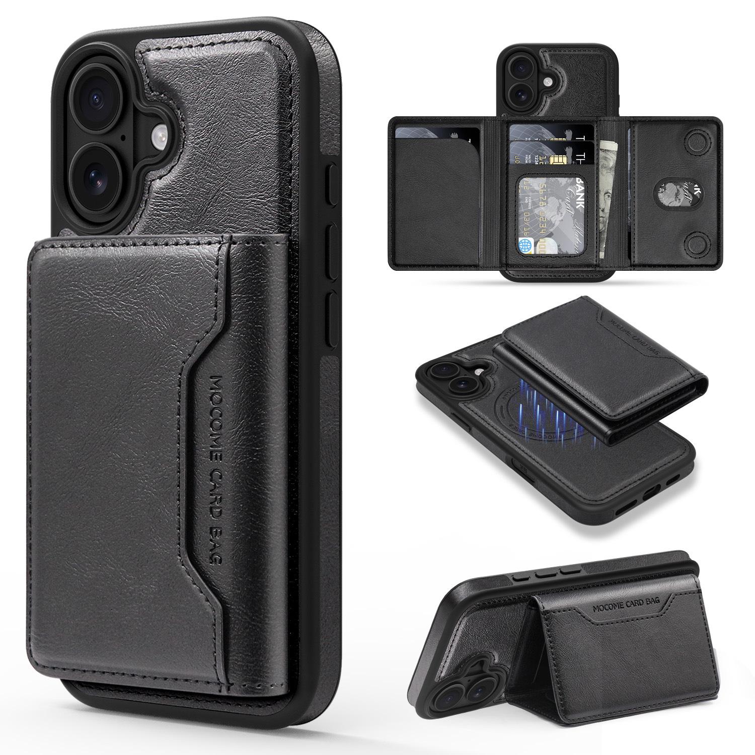 

Применимо к iPhone16Promax Многофункциональный Мощный Магнитный Чехол-картхолдер Apple 15 Кожаный Чехол iPhone16Promax чёрный