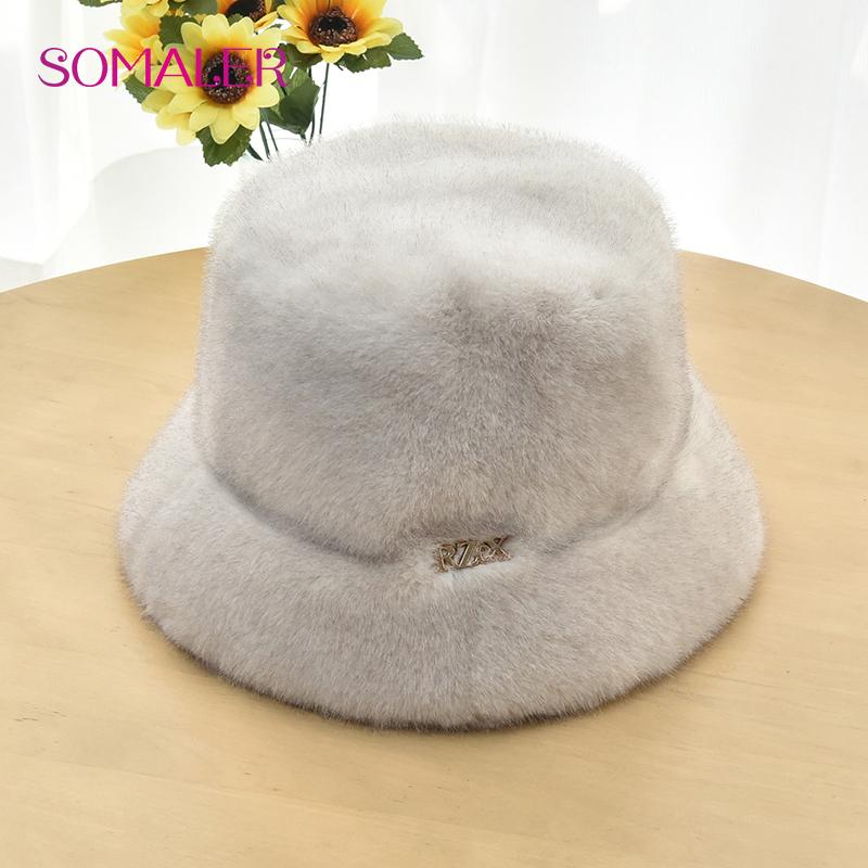 SOMALER Winter Faux Rabbit Fur Knitted Bucket Hats for Women Plain Color Warm Knitted Bucket Hats