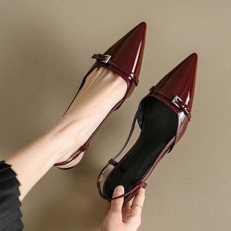 French Elegant Pointed Toe Patent Leather Closed-Toe Slingback Heels Vintage Fairy Core Kitten Heel Sandals Women