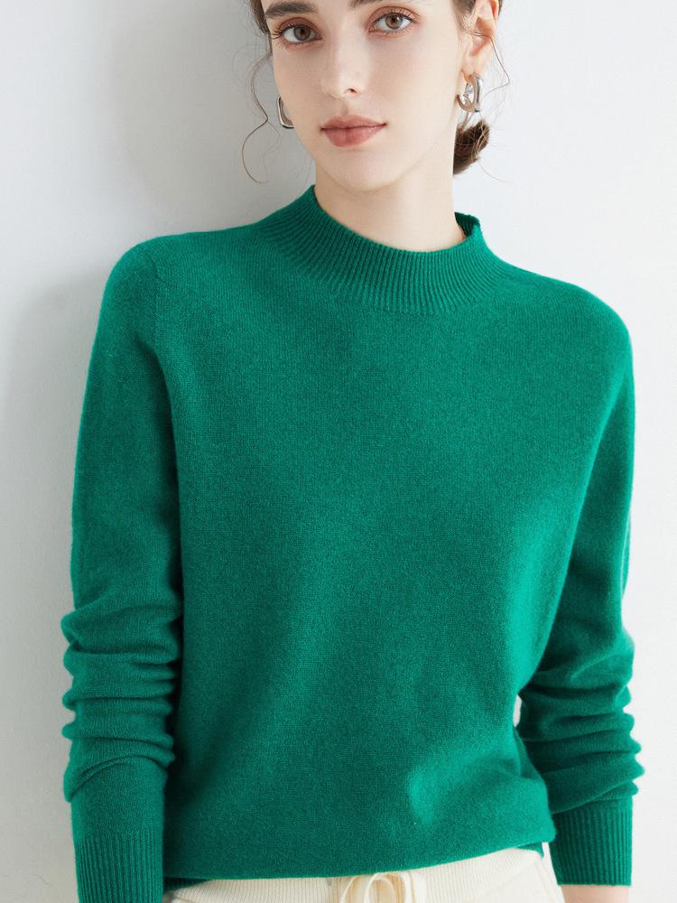 Damen Nahtloser 100% Wollpullover Langarm mit Halbhohem Kragen für Herbst/Winter