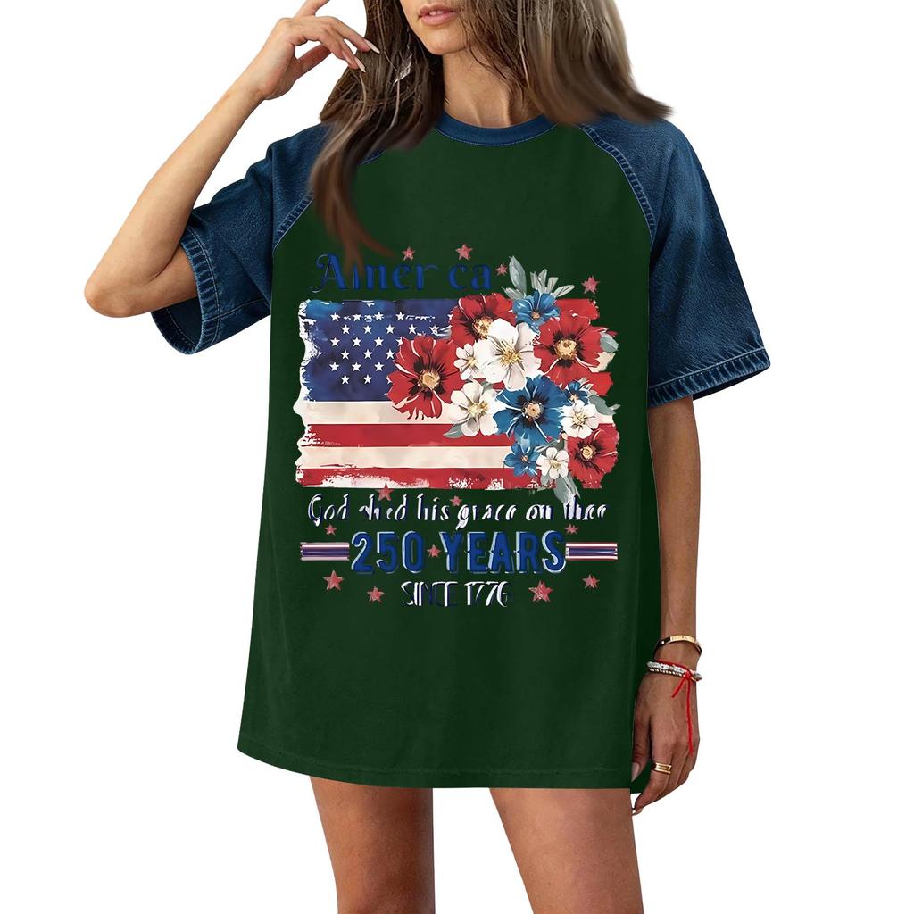 Denim Patchwork Shirts For Women Stand Collar Casual Blouse Short Sleeve Comfy Tshirt Spring Summer Fashion
