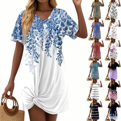 Women's Fashion Casual Loose Printed Short Sleeve V-Neck Dresses