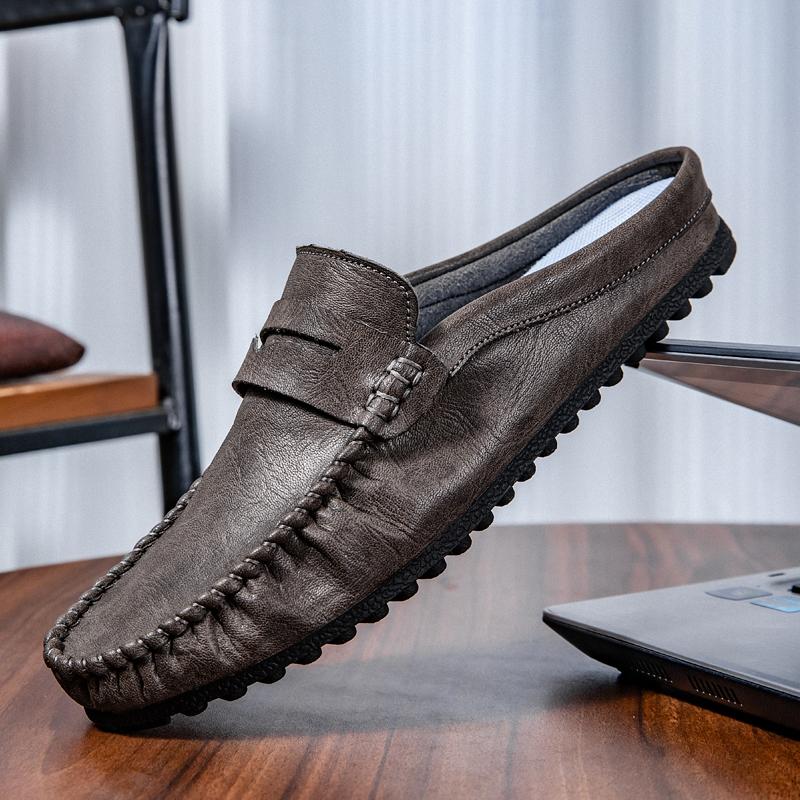 Large Size 45 46 Mules Man Slip On Flats Half Shoes for Men Open-back Flat Sneakers Casual Shoes Leather Summer Slide Sandals