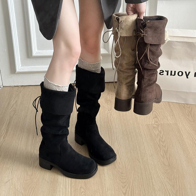 Tendência de moda outono e inverno novos sapatos cano médio botas de cavaleiro salto grosso plano versátil botas altas botas da moda