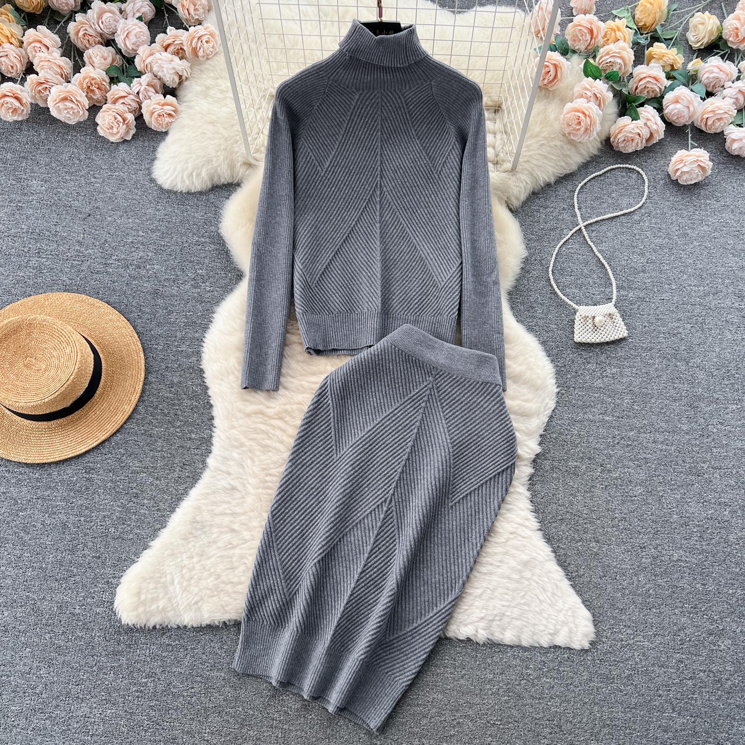 

Осенне-зимний женский элегантный свитер с высоким воротом в сплошную полоску, трикотажный пуловер, топы + узкая юбка на резинке, шикарный костюм из двух частей One Size темно серый