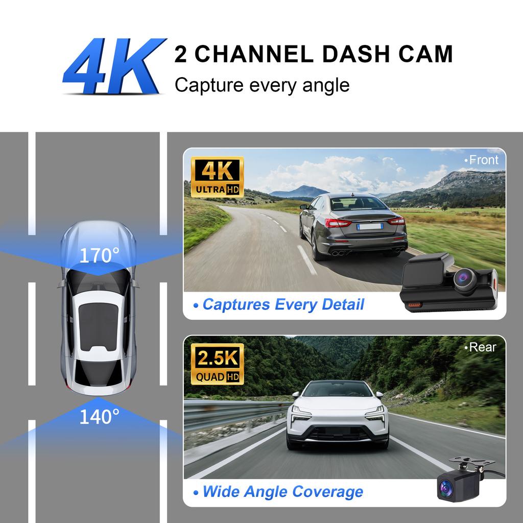 4K New Dash Cam, Dual Lens, WiFi, Car DVR, Front and Rear Recording, 4K+2.5K, Parking Monitor, G-Sensor, Loop Recording