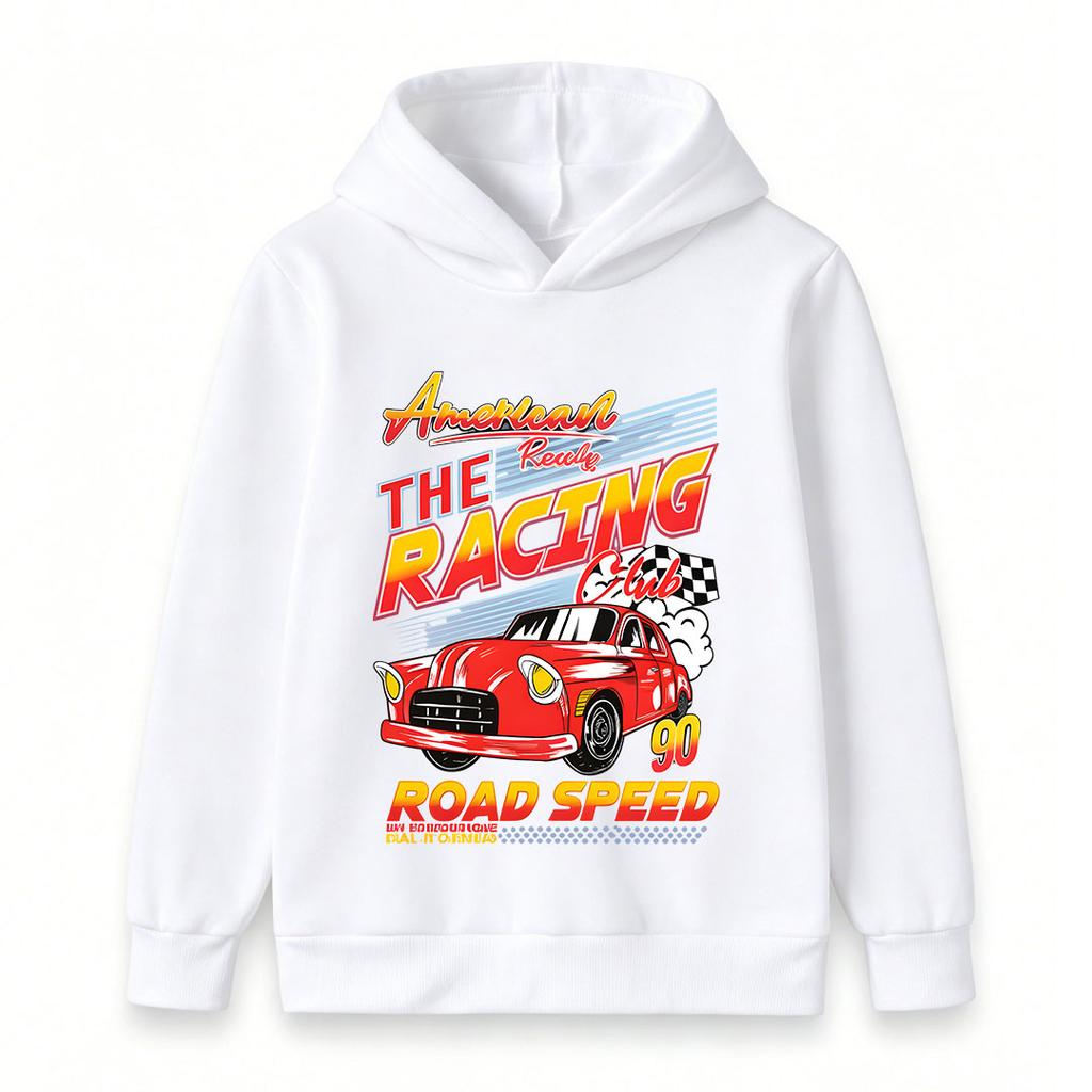 Kids Boys Girls Pullover Hoodie, Vintage American Racing Car Club 90s Road Speed Print Casual Soft Hooded Sweatshirt for Daily Outdoor Sport Wear