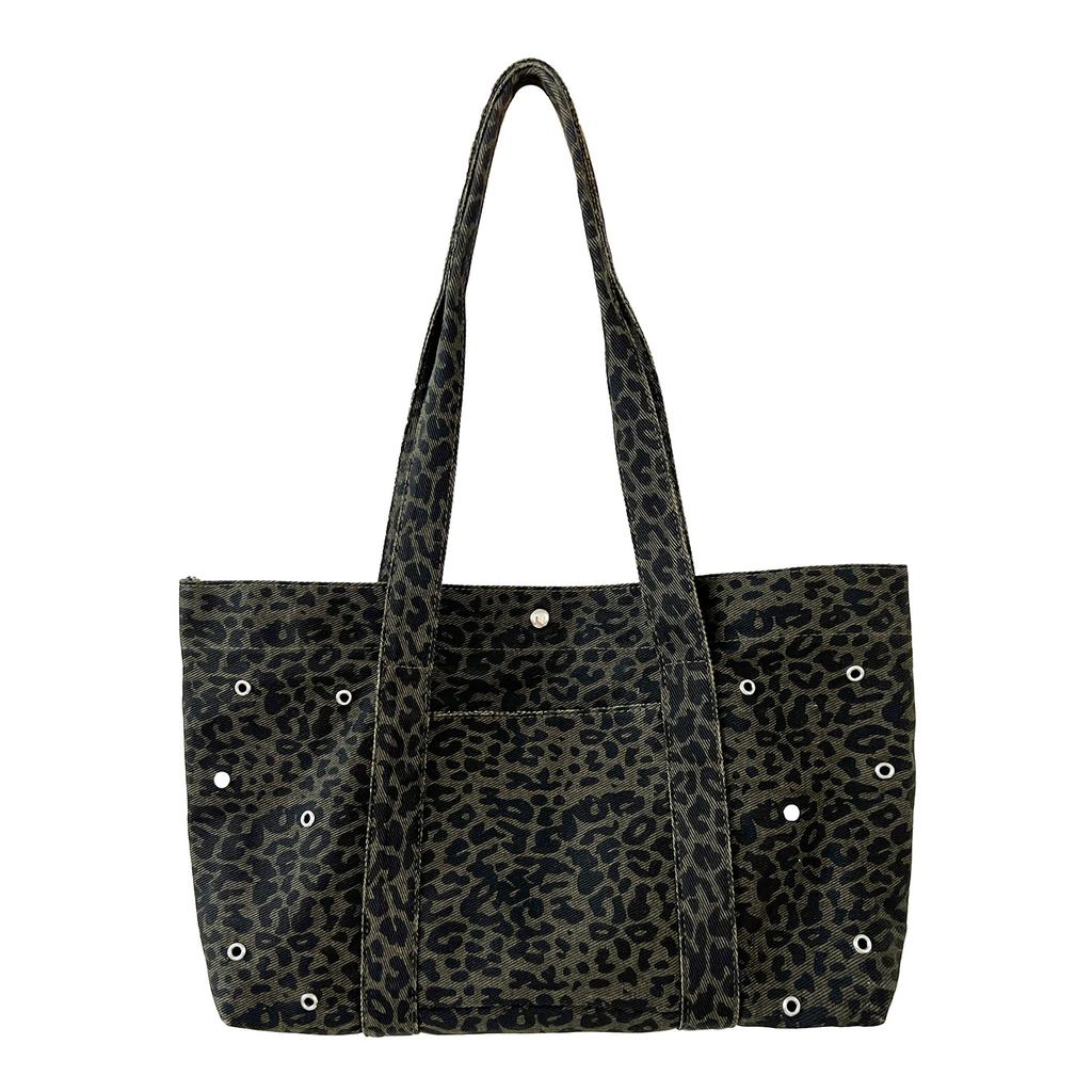 Autumn Korean Retro Leopard Print Canvas Bag, Niche and Versatile, Large Capacity Casual Single Shoulder Tote Bag