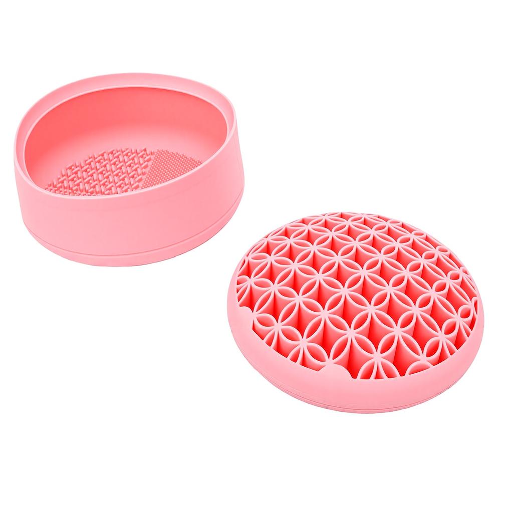 5 in 1 Makeup Brush Cleaner Mat Multifunctional Foldable Silicone Brush Cleaner with Drying Holder for Powder Puff Pink